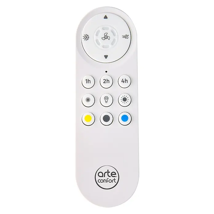 Arte confort Ventilador de techo Cairo - Blanco, 112 cm, 35,8 W, Blanco cálido - Primer plano de un mando a distancia blanco Arte Comfort con varios botones para controlar la luz y la configuración del ventilador.