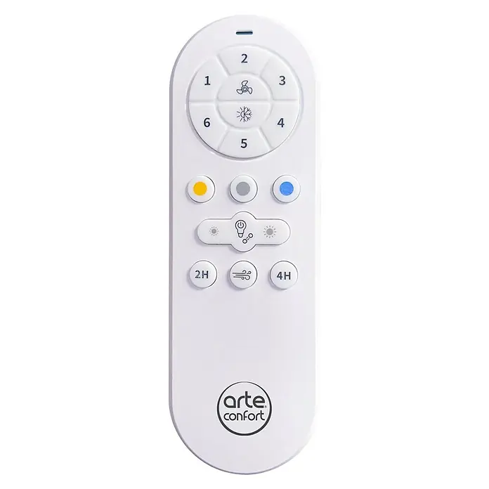 Arte confort Ventilador de techo Hanoi - Blanco, 104 cm, 16 W, Blanco cálido - El mando a distancia blanco Arte Confort controla ventiladores de techo con diversas velocidades, modos de luz y opciones de temporizador para la comodidad.