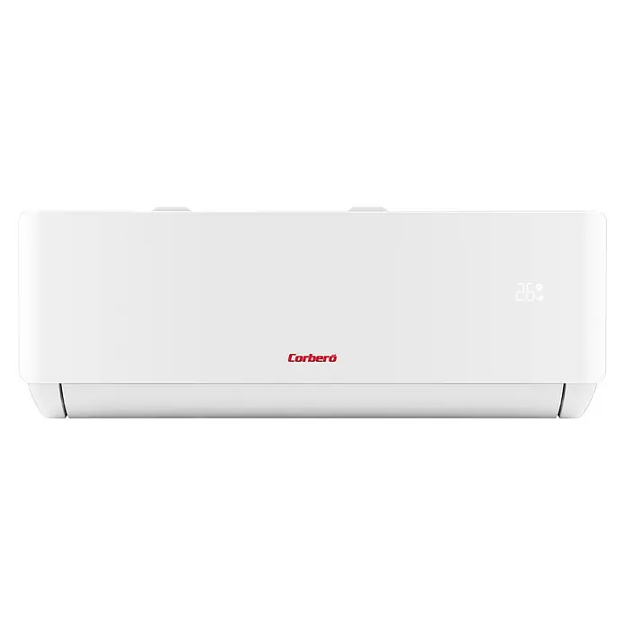Corberó Aire acondicionado Inverter Mistral 12 - 3.500 W, 3.500 W, 22 m², Blanco - Primer plano de un aire acondicionado Corberó blanco con pantalla digital de temperatura, destacando su diseño moderno y confort.