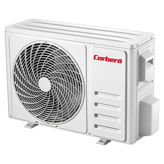 Corberó Aire acondicionado Inverter Austral 12 - 3.500 W, 3.500 W, 22 m², Blanco - Unidad exterior de aire acondicionado Corberó blanca con rejilla del ventilador y logotipo rojo. Diseño de eficiencia energética para refrigeración y calefacción exterior.