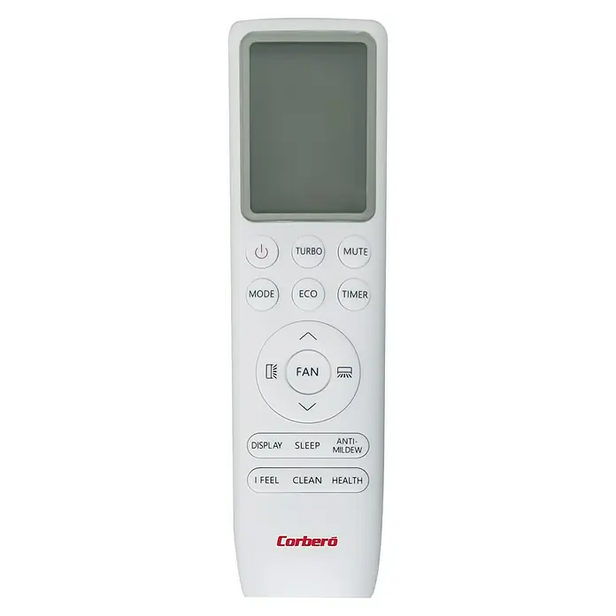 Corberó Aire acondicionado Inverter Mistral 12 - 3.500 W, 3.500 W, 22 m², Blanco - Primer plano de un mando a distancia de aire acondicionado Corberó, que permite un fácil control de la temperatura y el modo.