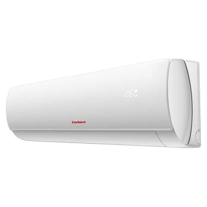 Corberó Aire acondicionado Inverter Austral 12 - 3.500 W, 3.500 W, 22 m², Blanco - Imagen de un aire acondicionado Corberó blanco montado en una pared. El dispositivo muestra una temperatura de 26 grados Celsius.