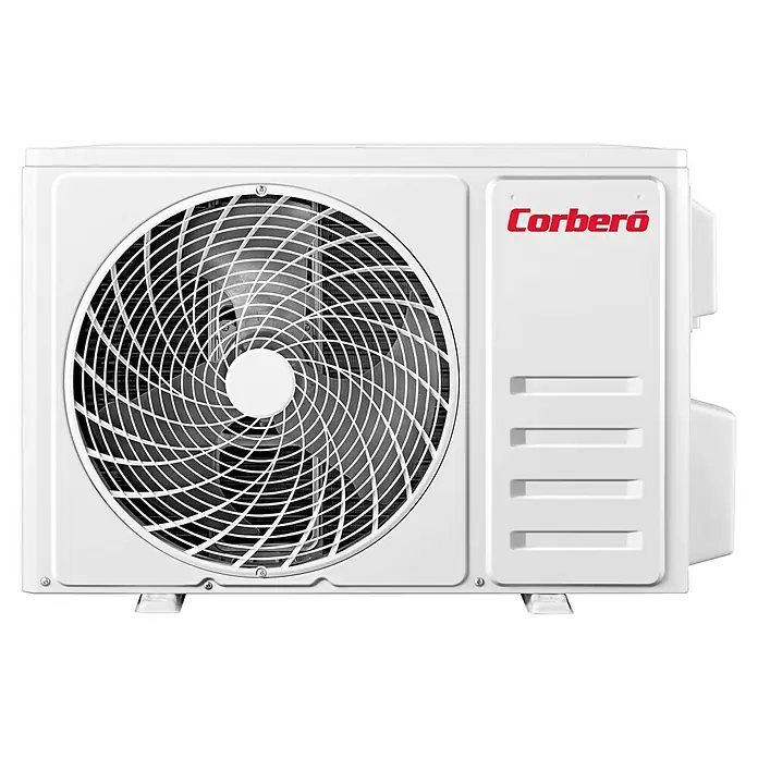 Corberó Aire acondicionado Inverter Austral 12 - 3.500 W, 3.500 W, 22 m², Blanco - Primer plano de un aire acondicionado Corberó blanco, que muestra su ventilador prominente y las rejillas laterales.