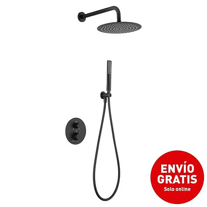 Imex Nápoles Sistema de ducha empotrado - Negro - Sistema de ducha negro con rociador, teleducha y termostato para un baño moderno.