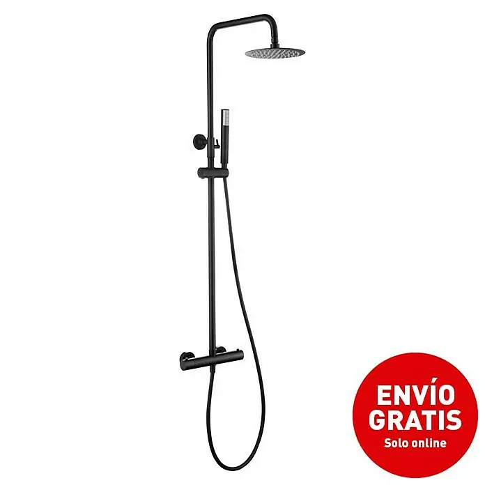 Imex Génova Sistema de ducha - Grifo termostático, Negro - Columna de ducha negra con rociador redondo y teleducha para un diseño de baño moderno. Incluye manguera y mezclador termostático.