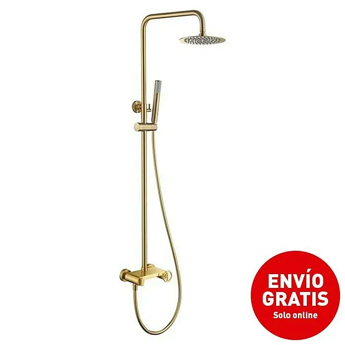 Imex Olimpo Sistema de ducha - Grifo monomando, Oro - Imagen vertical de un conjunto de ducha dorado con rociador fijo y teleducha.