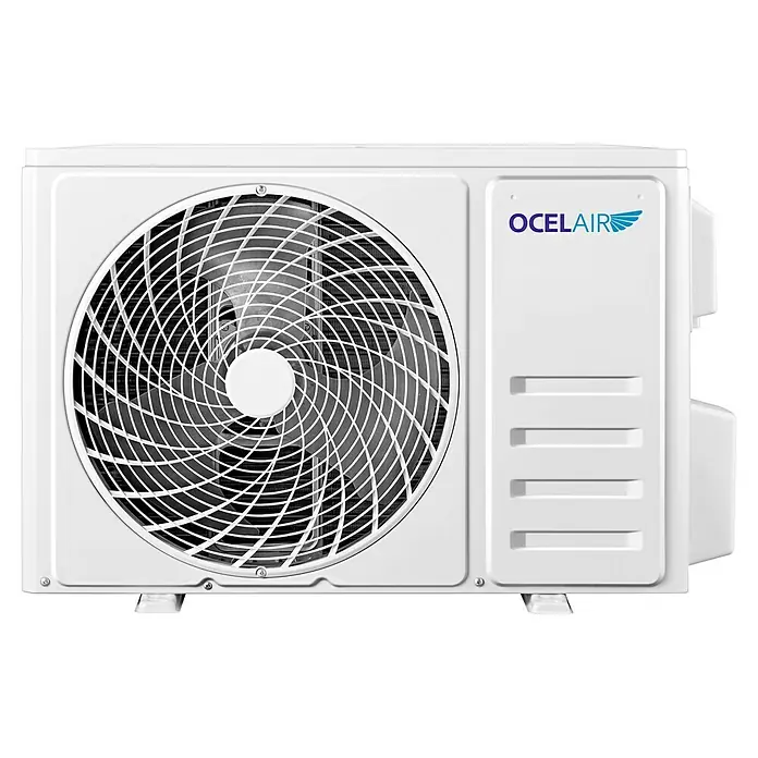 Ocelair Aire acondicionado Inverter 12 - 3.500 W, 2.500 W, 22 m², Blanco - Primer plano de una unidad de aire acondicionado exterior Ocelair, que promete un sistema de refrigeración eficiente con un diseño moderno.