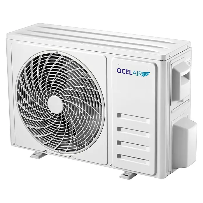 Ocelair Aire acondicionado Inverter 12 - 3.500 W, 2.500 W, 22 m², Blanco - Primer plano de un aire acondicionado Ocelair con ventilador y logotipo, ideal para un clima interior confortable.