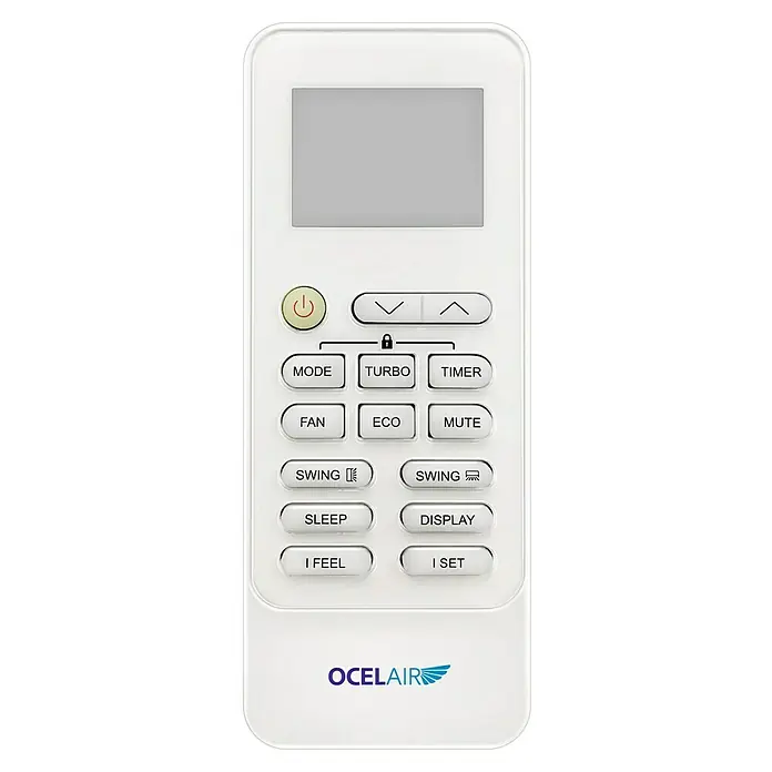 Ocelair Aire acondicionado Inverter 12 - 3.500 W, 2.500 W, 22 m², Blanco - Un mando a distancia blanco de aire acondicionado con varias funciones como modo, turbo, temporizador, ventilador y modos swing.