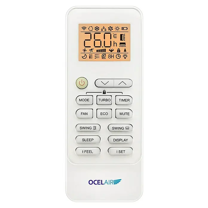 Ocelair Aire acondicionado Inverter 12 - 3.500 W, 2.500 W, 22 m², Blanco - Primer plano de un mando a distancia blanco de aire acondicionado marca Ocelair con pantalla LCD y varios botones de función.