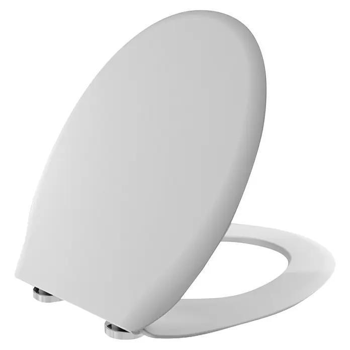 Camargue WC-Sitz Shape - Duroplast, Weiß, Mit Absenkautomatik - Nahaufnahme eines weißen Toilettensitzes mit geschlossenem Deckel vor einem schwarzen Hintergrund.