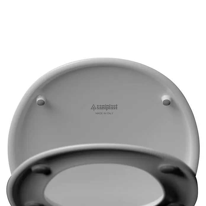 Camargue WC-Sitz Shape - Duroplast, Weiß, Mit Absenkautomatik - Nahaufnahme eines Sanoplast-WC-Sitzes mit dem Logo „Made in Italy“ und einer minimalistischen Ästhetik.