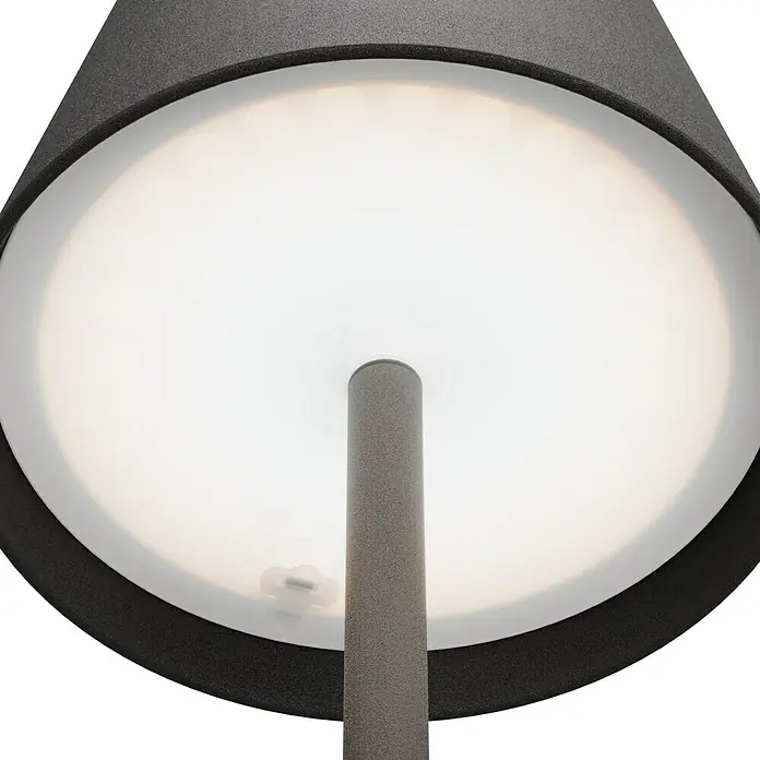 Starlux Paola Akku-Tischleuchte - 3 W, L x B x H: 11 x 11 x 36 cm, Schwarz, Warmweiß - Nahaufnahme einer modernen Lampe mit grauem Schirm und hellem Licht. Das Design ist schlicht und elegant.