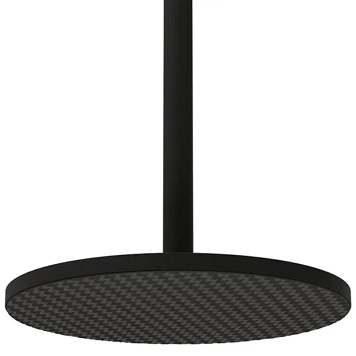 Starlux Paola Akku-Tischleuchte - 3 W, L x B x H: 11 x 11 x 36 cm, Schwarz, Warmweiß - Nahaufnahme eines Mikrophonständers mit rundem, gemustertem Sockel und schwarzer Stange vor einem dunklen Hintergrund.