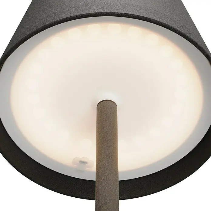 Starlux Paola Akku-Tischleuchte - 3 W, L x B x H: 11 x 11 x 36 cm, Schwarz, Warmweiß - Nahaufnahme einer modernen LED-Tischleuchte mit grauem Schirm und sanftem, diffusem Licht für stimmungsvolle Beleuchtung.