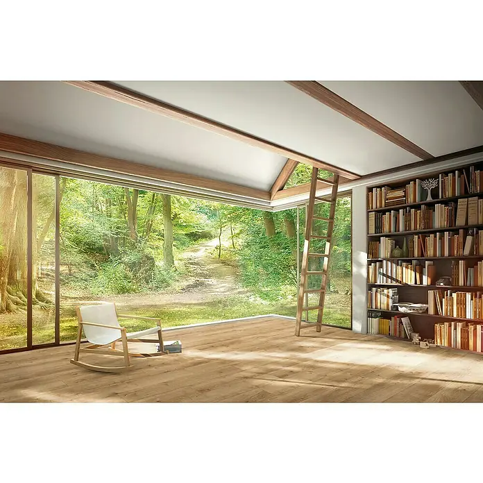 Parador Designbodenmuster Modular ONE Eiche Pure Natur - 200 x 194 x 8 mm, Landhausdiele - Ein helles Zimmer mit großem Fenster, Bücherregal und einem Holzfußboden, der das natürliche Licht betont und eine warme Atmosphäre schafft.
