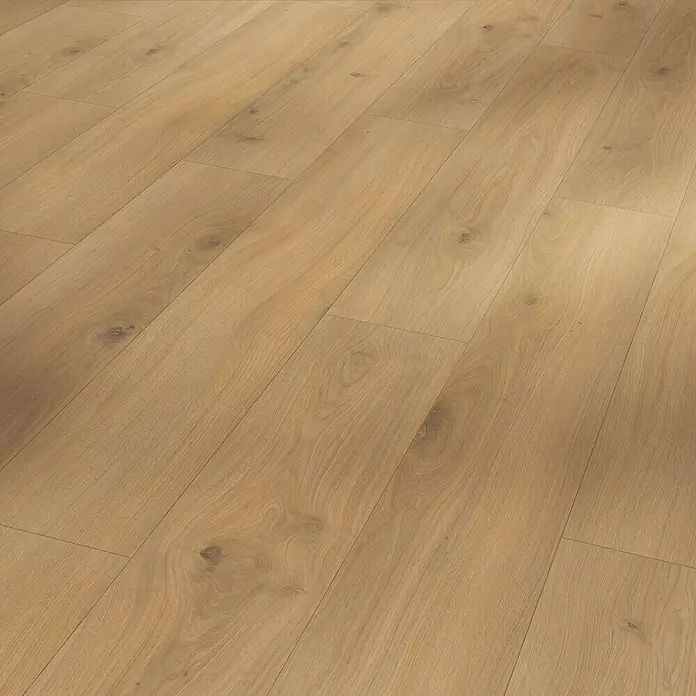 Parador Laminatmuster Basic 400 Eiche Horizont Natur - 200 x 194 x 8 mm, Landhausdiele - Detailaufnahme eines hellen, natürlichen Holzfußbodens, der eine warme und einladende Atmosphäre schafft, ideal für moderne Wohnräume.