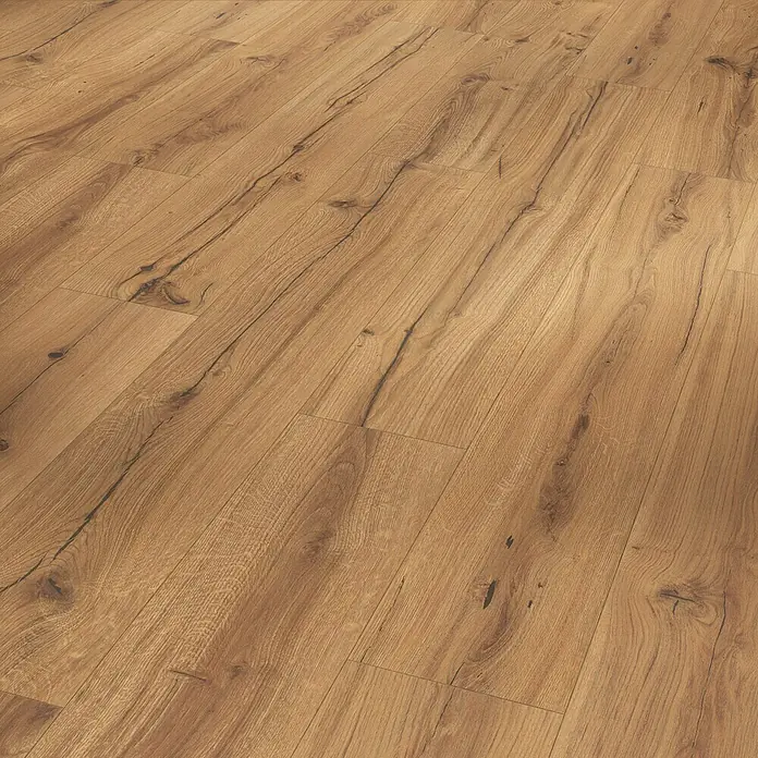 Parador Laminatmuster Basic 400 Eiche History - 200 x 194 x 8 mm, Landhausdiele - Nahaufnahme des rustikalen Holzbodenbelags, der Wärme und Charakter in jeden Raum bringt.