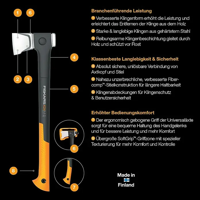 Fiskars X-series Universalaxt X13 - Länge: 33,2 cm - Die Fiskars X24M Universalaxt: Langlebig, sicher und mit einer Klingenabdeckung für Klingenschutz und Benutzersicherheit.