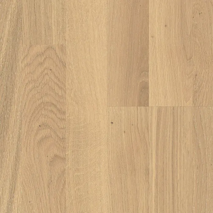 Parador Parkettmuster Basic 11.5 Eiche weiß matt lackiert I - 200 x 185 x 11,5 mm, Schiffsboden - Nahaufnahme eines eleganten Holzfußbodens mit einer warmen, hellen Farbgebung und einer deutlichen Maserung. Ideal für ein gemütliches Zuhause.