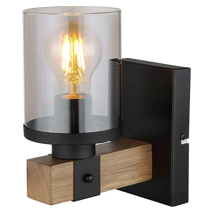 Globo Wandleuchte Lila - 60 W, Durchmesser: 100 mm, E27 - Elegante Wandleuchte mit Holzdetails, Glaszylinder und warm leuchtender Edison-Glühbirne für stilvolle Beleuchtung.