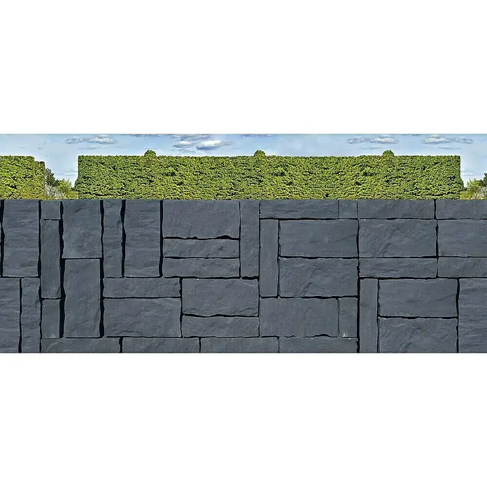 Diephaus Mauerstein Victorville - L x B x H: 40 x 20 x 10 cm, Basalt, Beton - Stützmauer aus dunklen Steinblöcken mit ordentlich geschnittenen grünen Büschen darüber, die Privatsphäre und eine elegante Landschaftsgestaltung bietet.