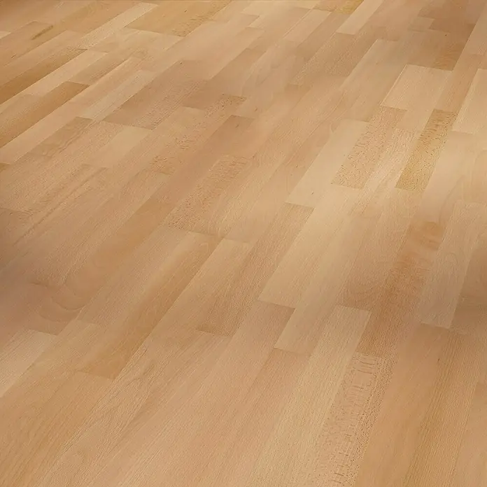 Parador Parkett Basic 11.5 - Buche Natur matt lackiert, Schiffsboden, 2.200 x 185 x 11,5 mm - Nahaufnahme eines hellen Parkettbodens mit Holzmaserung und leichtem Glanz, der eine warme und natürliche Atmosphäre vermittelt.