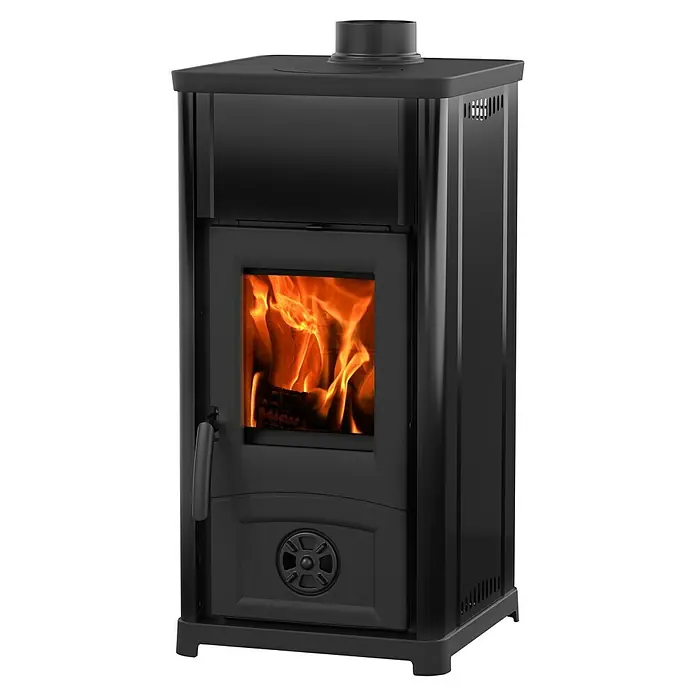 La Nordica Kaminofen Silla - 6,6 kW, Raumheizvermögen: 189 m³, Material Verkleidung: Stahl, Schwarz - Schwarzer Kaminofen mit Glasfenster und brennendem Holz. Ideal für gemütliche Wärme und Atmosphäre im Wohnraum.