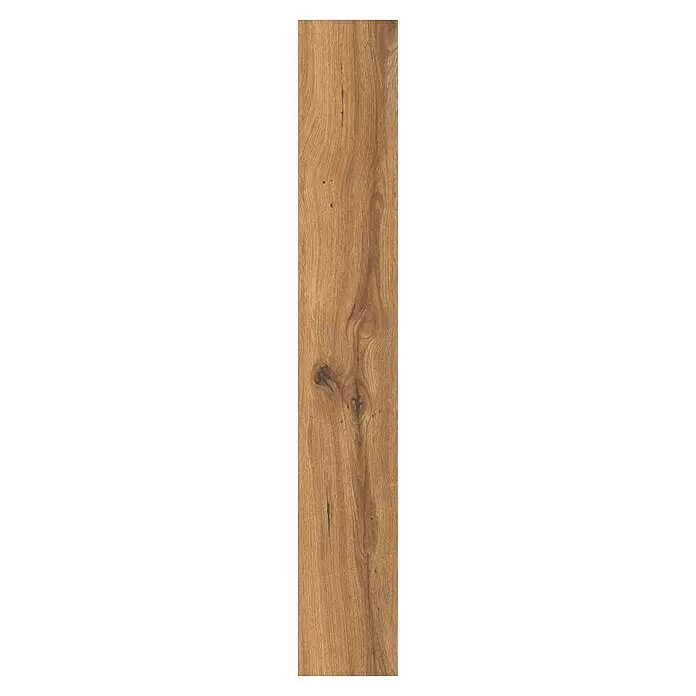 Parador Laminatmuster Basic 400 Eiche History - 200 x 194 x 8 mm, Landhausdiele - Langes, mittelbraunes Holzbrett mit sichtbarer Maserung und natürlichen Ästen, für Böden oder Verkleidungen.