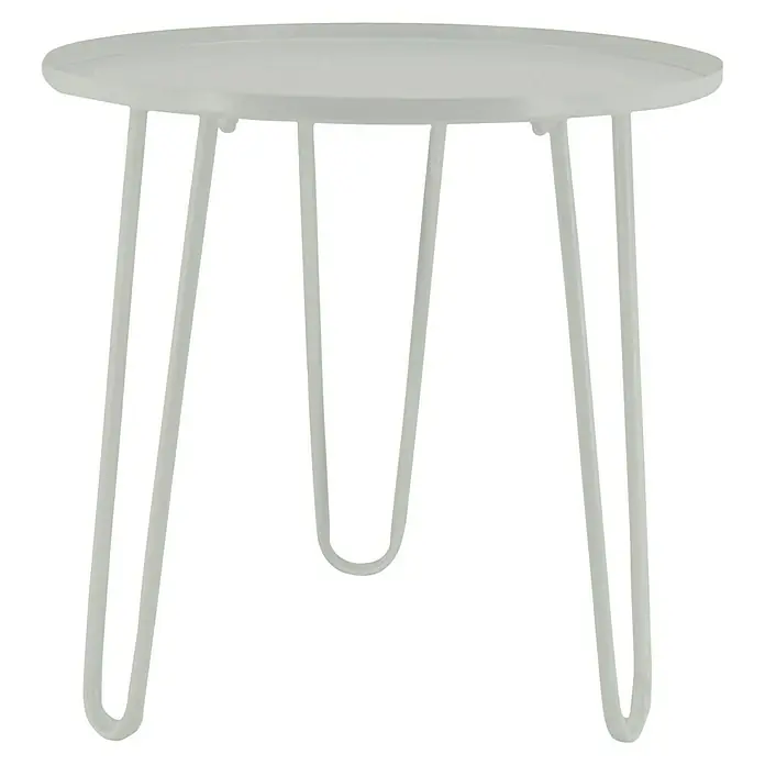 Beistelltisch Knock Down - Weiß, Ø x H: 40 x 40 cm, Metall - Dieser Beistelltisch ist weiß und hat ein modernes Design mit einem runden Tischblatt und drei hairpin Beinen. Er ist eine tolle Ergänzung für jeden Raum.