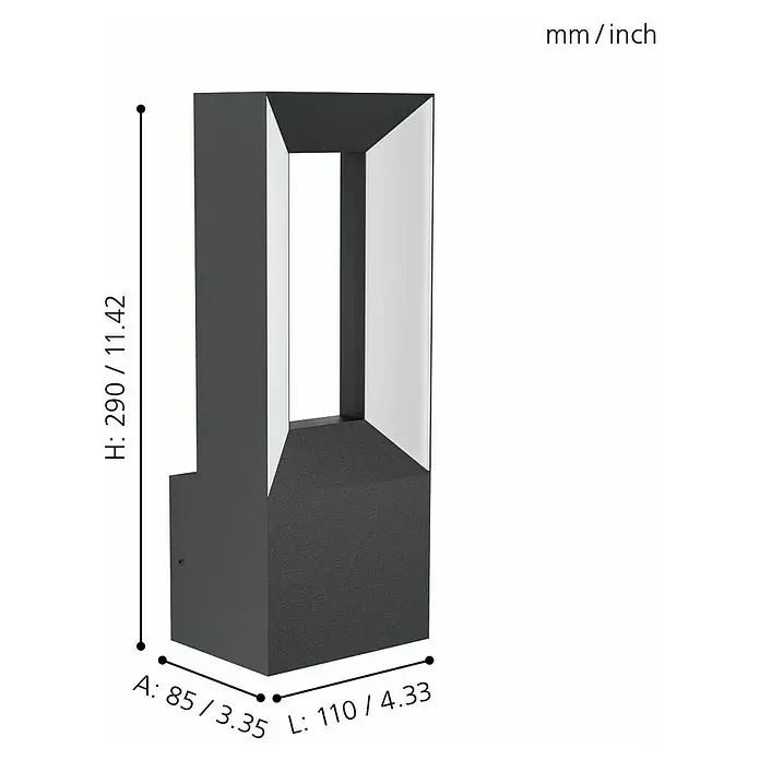 Eglo Riforano Aplique exterior LED - 10 W, L x An x Al: 8,5 x 11 x 29 cm, Negro, IP44 - Imagen del producto de una luminaria moderna para exteriores con especificaciones de dimensiones en milímetros y pulgadas para obtener información detallada del producto.