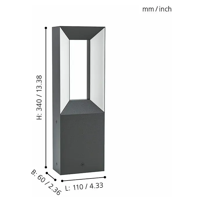 Eglo Riforano Sobremuro exterior - Color del marco: Negro, Blanco cálido, 6 x 11 x 34 cm, Con bombillas - Imagen de una lámpara de exterior con dimensiones: altura 340 mm, anchura 60 mm y longitud 110 mm.
