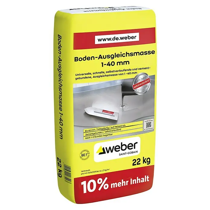 SG Weber Bodenausgleichsmasse - 22 kg, Schichtdicke: 1 mm - 40 mm - Produktbild eines 22 kg Sacks Weber Boden-Ausgleichsmasse 1-40 mm, eine universelle, schnell selbstverlaufende Bodenausgleichsmasse.