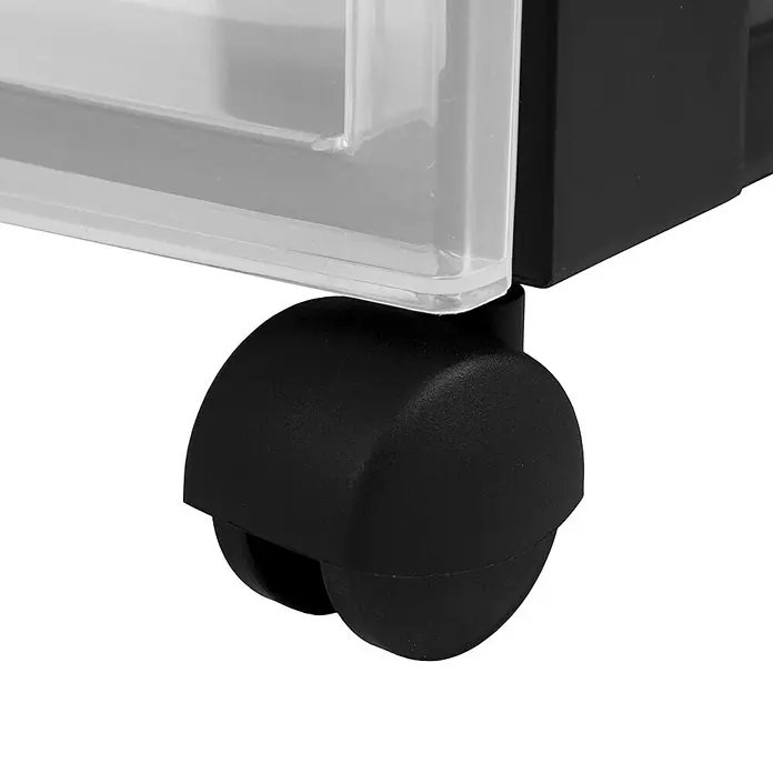 Rollcontainer - L x B x H: 40 x 29 x 61,5 cm, Anzahl Schubladen: 4 Stk., Kunststoff - Nahaufnahme des schwarzen Rades einer rollbaren Kunststoffschublade.