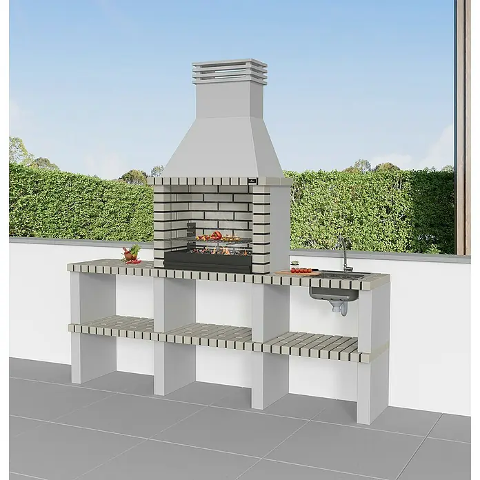 Collippo Alvor Barbacoa de obra con mesa auxiliar y fregadero - An x Pr x Al: 220 x 47 x 224 cm, Superficie parrilla: 64 x 38 cm, Gris - Imagen de una elegante barbacoa exterior de obra con fregadero y estantes, perfecta para experiencias culinarias al aire libre.