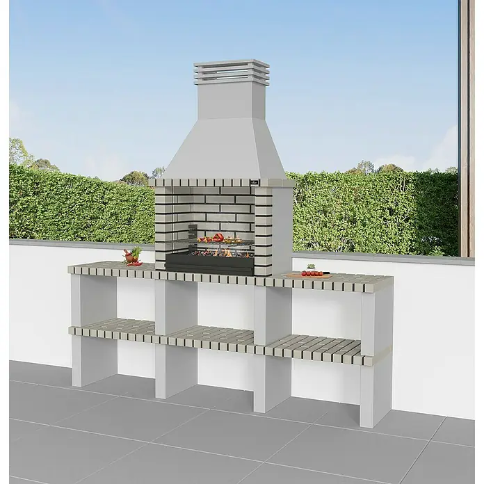 Collippo Alvor Barbacoa de obra con mesas auxiliares - An x Pr x Al: 220 x 47 x 224 cm, Superficie parrilla: 64 x 38 cm, Gris - Esta parrilla con chimenea de ladrillo proporciona un espacio ideal para cocinar al aire libre con estantes y encimeras.