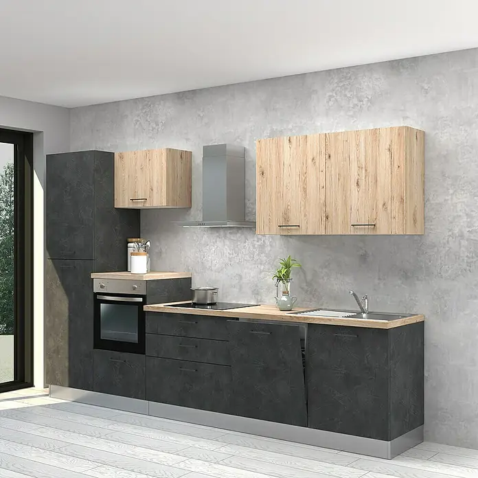 Marinelli Cucine Vormontierte Küchenzeile Micol - Breite: 330 cm, Betonoptik, Mit Elektrogeräten - Moderne Küche mit grauen Unterschränken und hellen Holz-Hängeschränken für stilvolles Kocherlebnis.