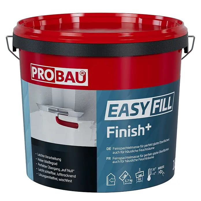 Probau Feinspachtel Easyfill Finish+ - 18 kg - Ein roter PROBAU Eimer Easy Fill Finish+ Spachtelmasse für glatte Oberflächen. Ideal für Feuchträume, leicht zu verarbeiten und schleifbar.
