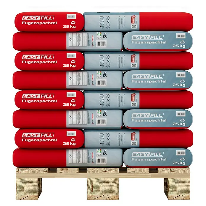 Probau Fugenspachtel Easyfill - 25 kg - Eine Palette mit EASY FILL Fugenspachtel Säcken in Rot und Grau, gestapelt und versandbereit.