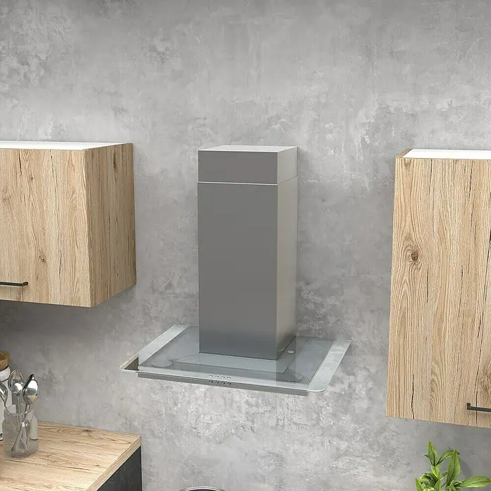 Marinelli Cucine Vormontierte Küchenzeile Micol - Breite: 330 cm, Betonoptik, Mit Elektrogeräten - Moderne Dunstabzugshaube aus Edelstahl mit Glasschirm, die in einer modernen Küche Eleganz und Funktionalität vereint.