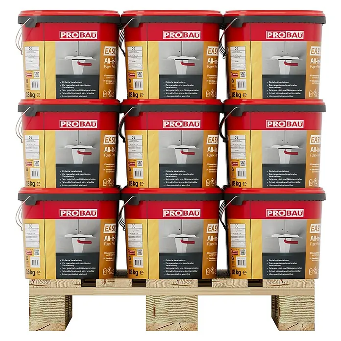 Probau Fugenspachtel Easyfill All-in-1 - 18 kg, Gebrauchsfertig - Palette mit neun Eimern Probau Easy All-in Fuge+Finish, einer gebrauchsfertigen Spachtelmasse für den Innenbereich.