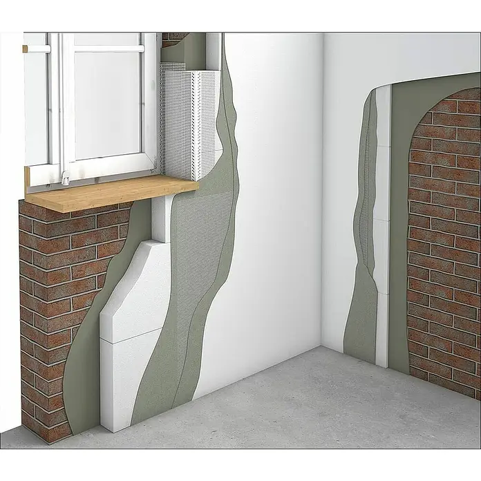 Mineraldämmplatte Multipor - 60 x 10 x 39 cm, 4 Stk. - Detailaufnahme der Fassadendämmung mit Ziegel, Dämmplatten, Putz und Armierungsgewebe für ein energieeffizientes Gebäude.