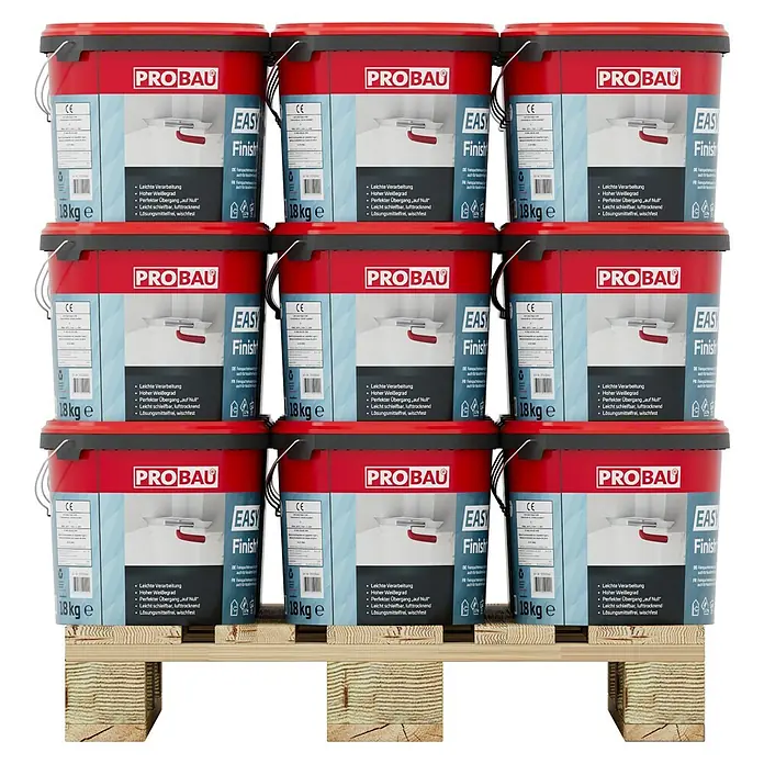 Probau Feinspachtel Easyfill Finish+ - 18 kg - Palette mit neun Eimern Probau Easy Finish, einer gebrauchsfertigen Spachtelmasse für glatte Oberflächen.