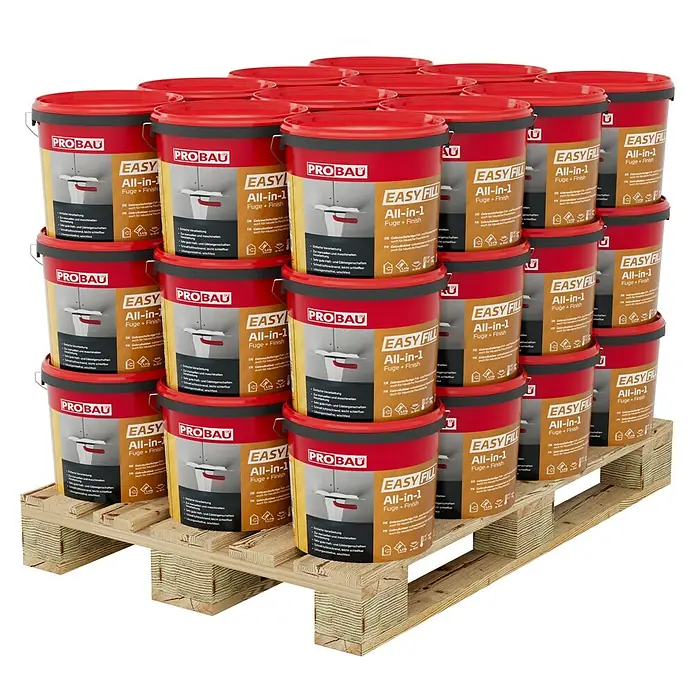 Probau Fugenspachtel Easyfill All-in-1 - 18 kg, Gebrauchsfertig - Palette mit Probau Easy Fill All-in-1 Fugenfüller. Das Produkt ist ideal für die schnelle und einfache Anwendung bei Fugenarbeiten im Innenbereich.