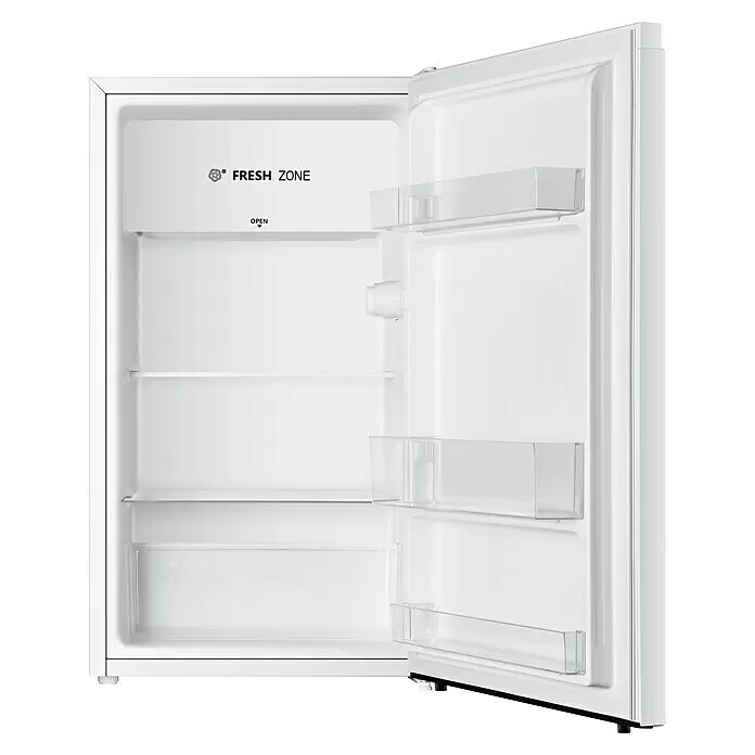 PKM Vollraumkühlschrank KS93 - Nutzinhalt Gesamt: 94 l, 45 x 47,5 x 84 cm, Weiß - Geöffneter weißer Minikühlschrank mit transparenten Ablagen und Türfächern, bereit zur Befüllung.