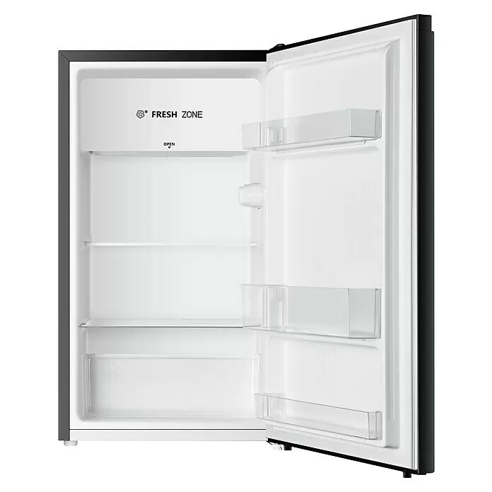 PKM Vollraumkühlschrank KS93 - Nutzinhalt Gesamt: 94 l, 45 x 47,5 x 84 cm, Schwarz - Offener, leerer, schwarzer Minikühlschrank mit weißem Innenraum, Regalen und Türfächern. Mit "FRESH ZONE" und "OPEN" Beschriftung.