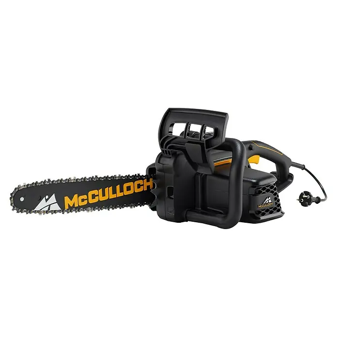 McCulloch Elektro-Kettensäge CSE 2040 - 2.000 W, Schwertlänge: 40 cm - Abbildung einer schwarzen McCulloch Elektrokettensäge mit gelber Beschriftung und Details, die auf Leistung und Funktionalität ausgelegt ist.