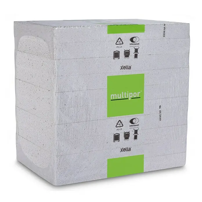 Mineraldämmplatte Multipor - 60 x 6 x 39 cm, 10 Stk. - Eine Packung Multipor Mineraldämmplatten von Xella, umweltfreundlich verpackt und bereit für die Wärmeisolierung.