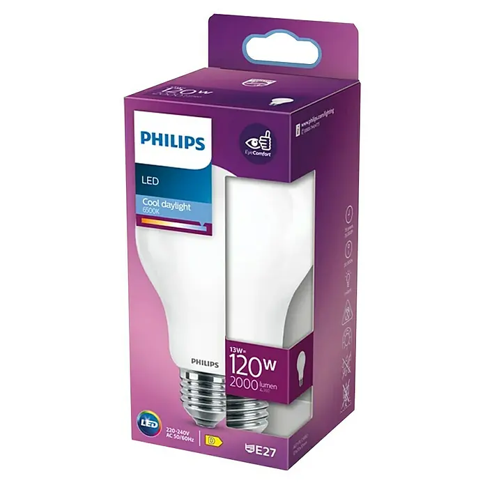 Philips Bombilla LED Classic CDL - E27, No regulable, Blanco diurno, 2.000 lm, 120 W, Redonda - Primer plano de una bombilla LED Philips de 13W, equivalente a 120W, que proporciona 2000 lúmenes, en un embalaje morado.