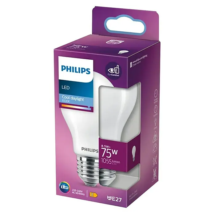 Philips Bombilla LED Classic CDL - E27, No regulable, Blanco frío, 1.055 lm, 75 W, Redonda - Primer plano de una bombilla LED Philips, 8,5 W equivalentes a 75 W, con una luz diurna fría de 6500 K y una base E27 en su embalaje original.